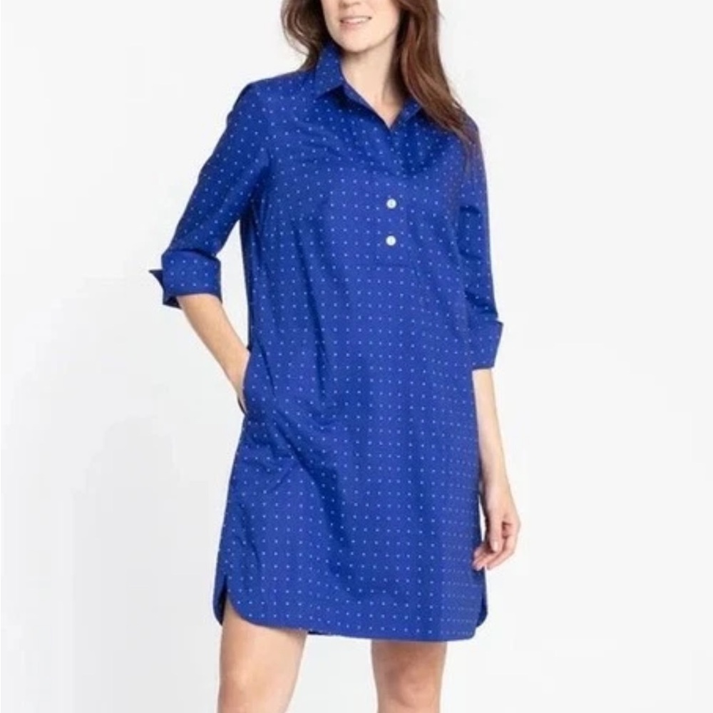$320 HINSON WU AILEEN 3/4 Sleeve Polka Dot Buttons Back Dress in Marine Blue XS